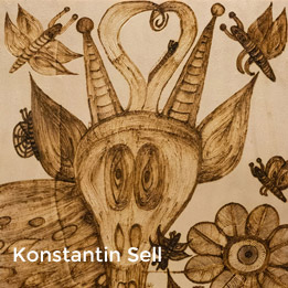 Konstantin Sell (Sohn von Carmen Sell): Ausblick - Brandmalerei (Tierfigur Schmetterlinge und eine Blume in Brandmalerei-Technik)